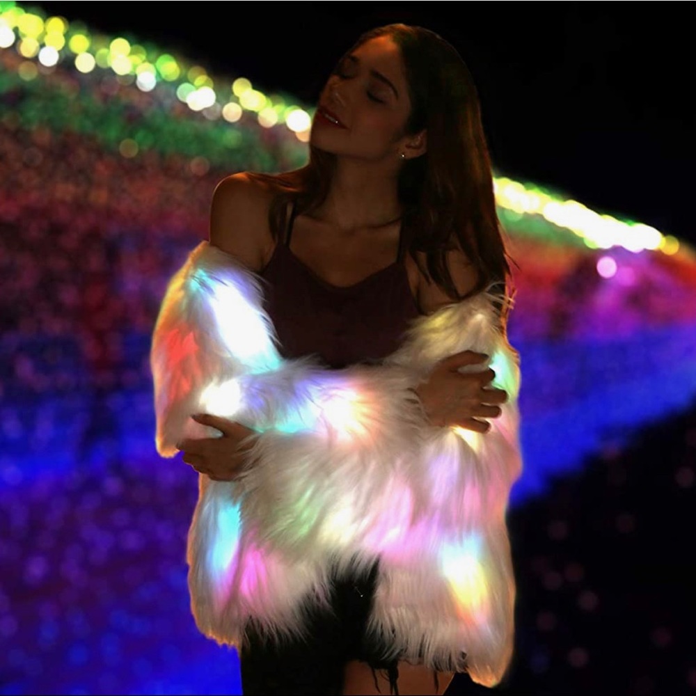 NWT Led Fur Coat Rainbow Sparkly Light Up Jacket White Furry Rave MULTIPLE SIZES